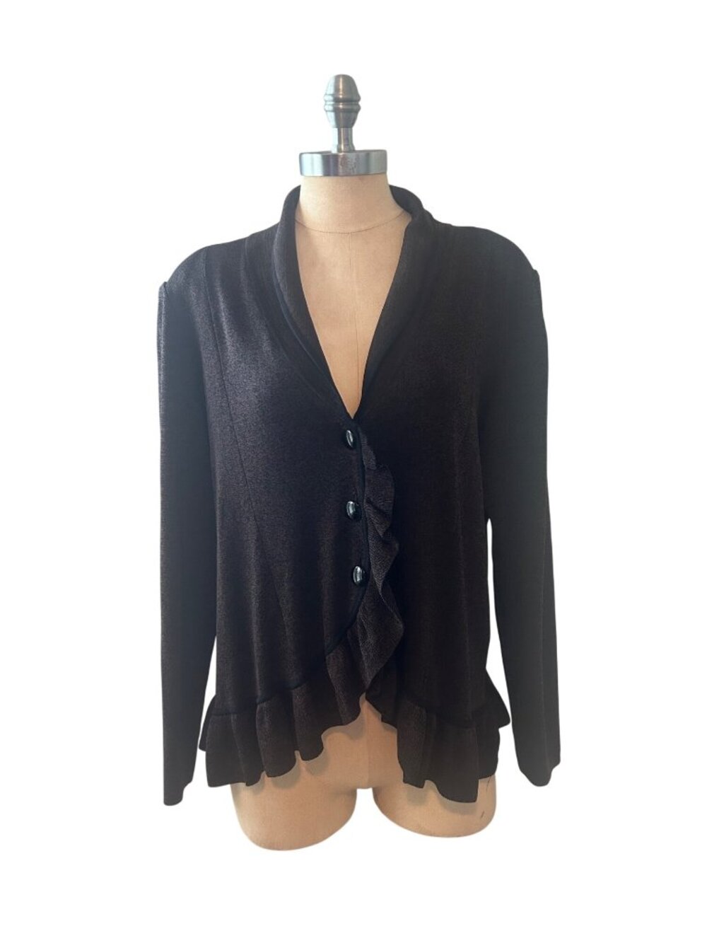 Exclusively Misook Brown Ruffled Hem Long Sleeve Acrylic Cardigan Sweater Large